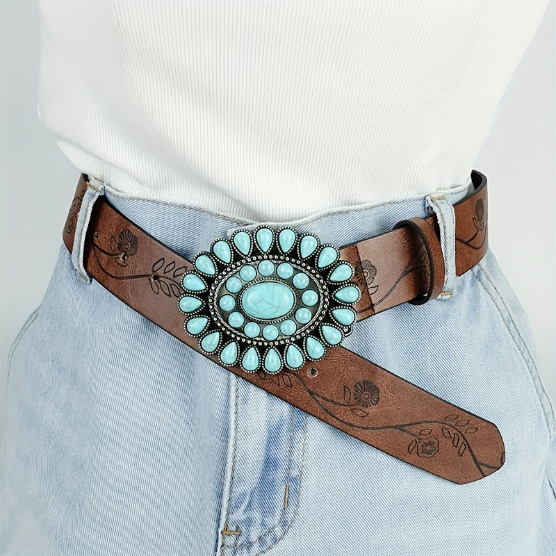 Women's Brown Embossed PU Leather Western Belt with Turquoise Buckle