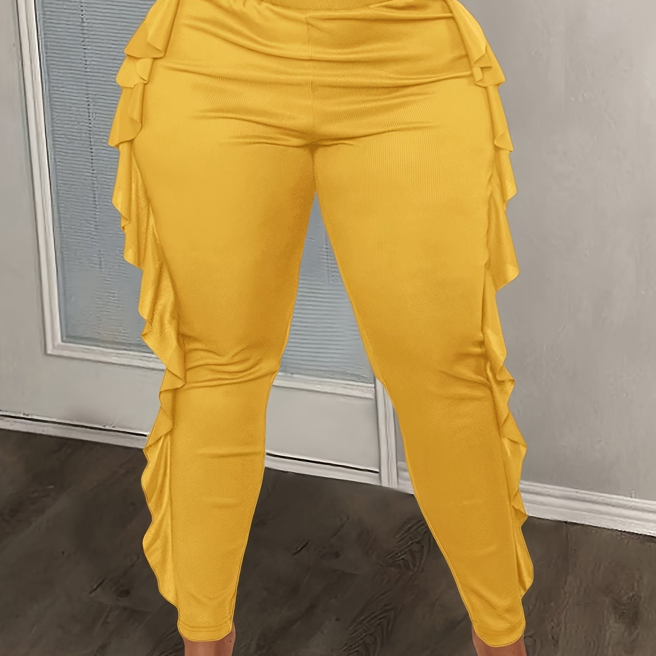 Women’s Knitted Slim Fit Trousers With Side Slit and Ruffles Plus Size