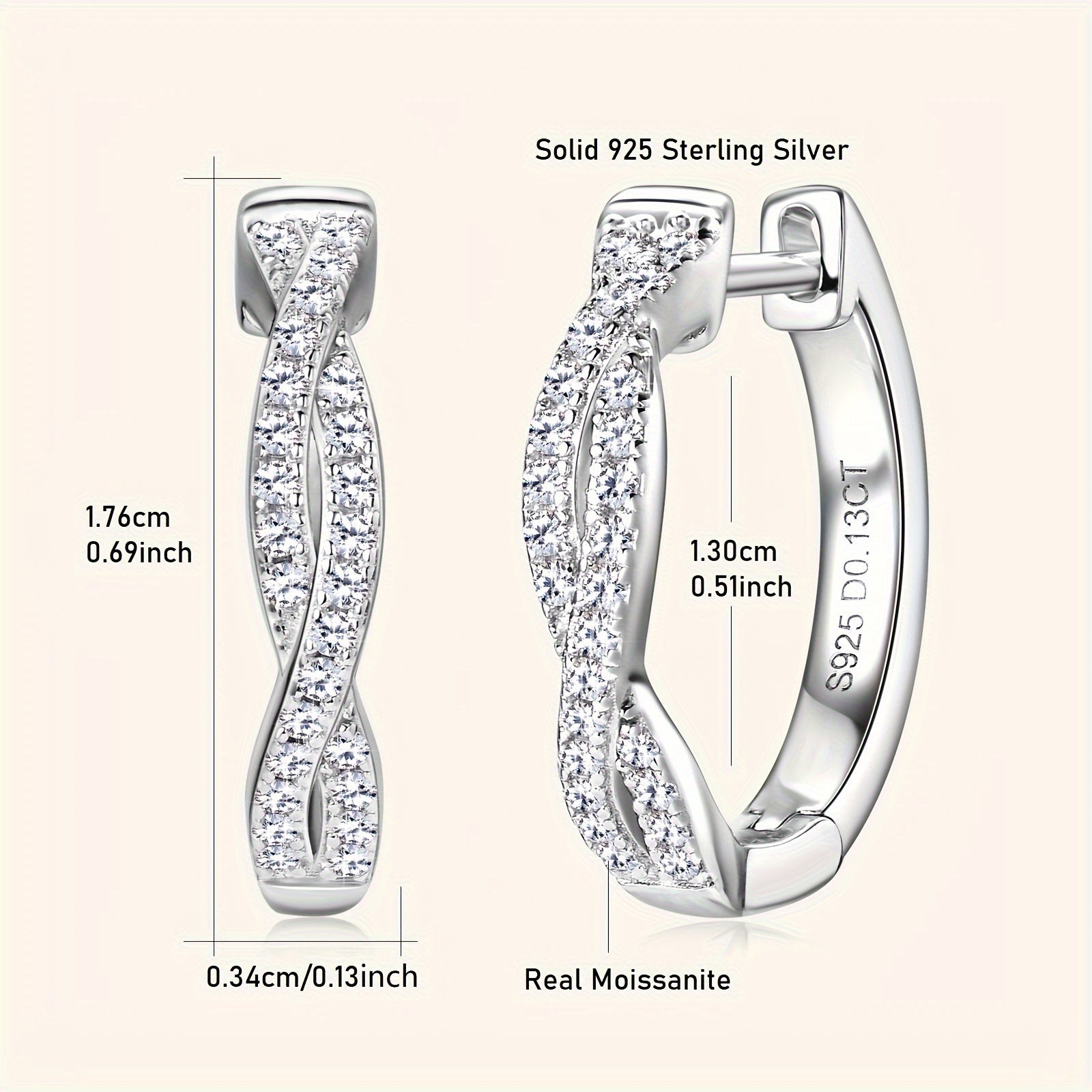 Women's Silver Hoop Earrings with Moissanite Stones 3.29g 52pcs 0.13ct Twist Design