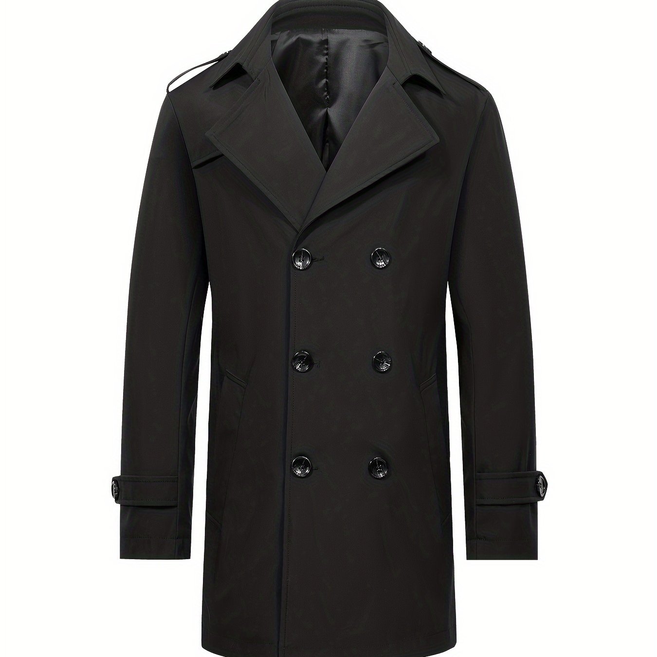 Erkaklar uchun o'rtacha uzunlikdagi ikki qatorli dizayndagi trench palto, mustahkam rangda, biznes va norasmiy kiyimlar uchun ideal.