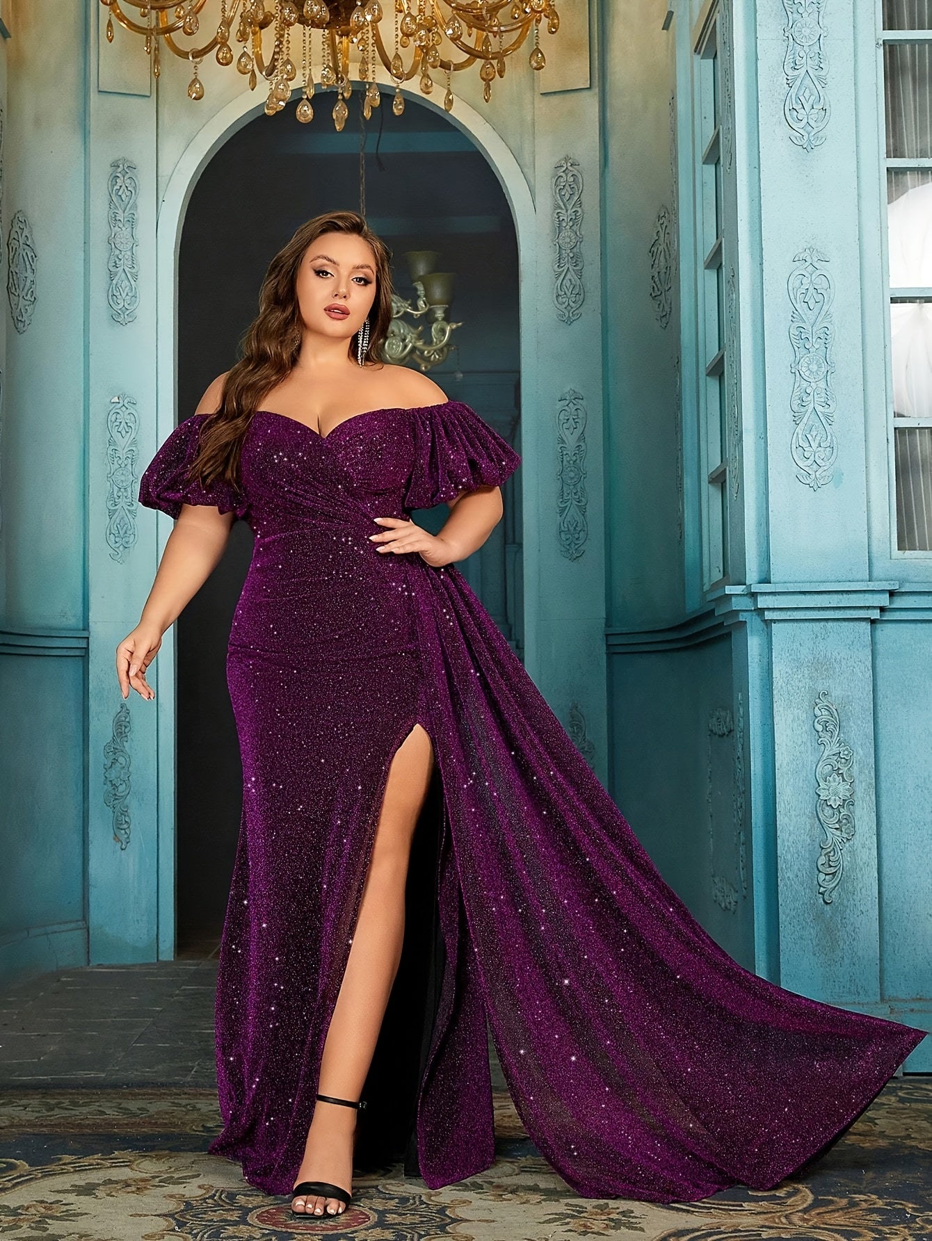 Plus Size Elegant Sparkly Off-Shoulder Mermaid Evening Gown with Ruffled Sleeves