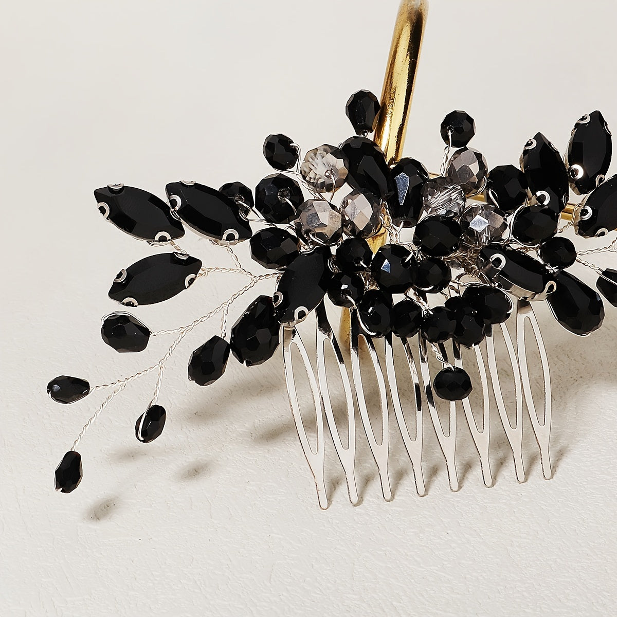 Black Hair Comb with Bridal Crystal Rhinestones and Bead Hair Clip for Weddings