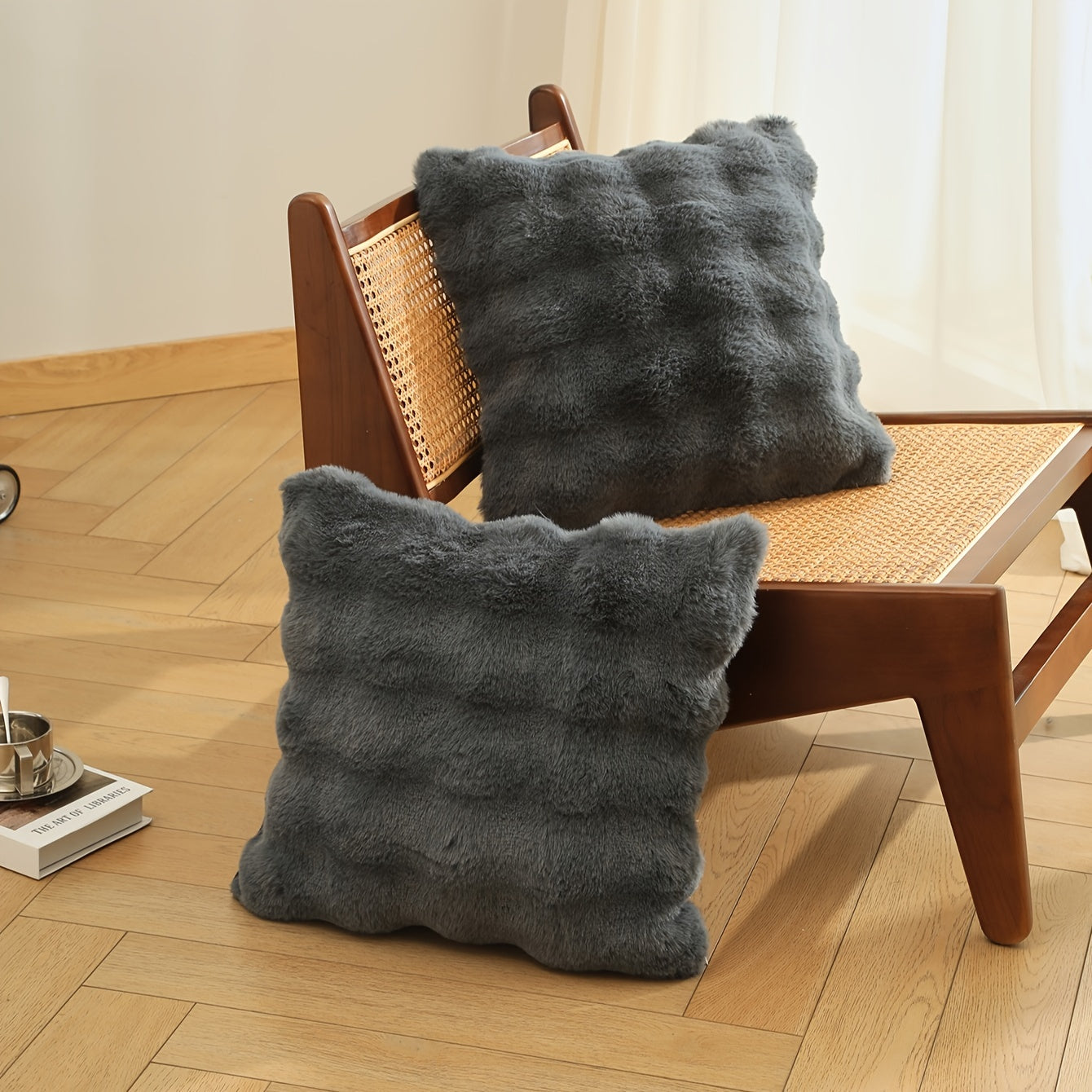 Rabbit Fur Plush Pillow Cover Reversible Sofa Cushion Case with Zipper