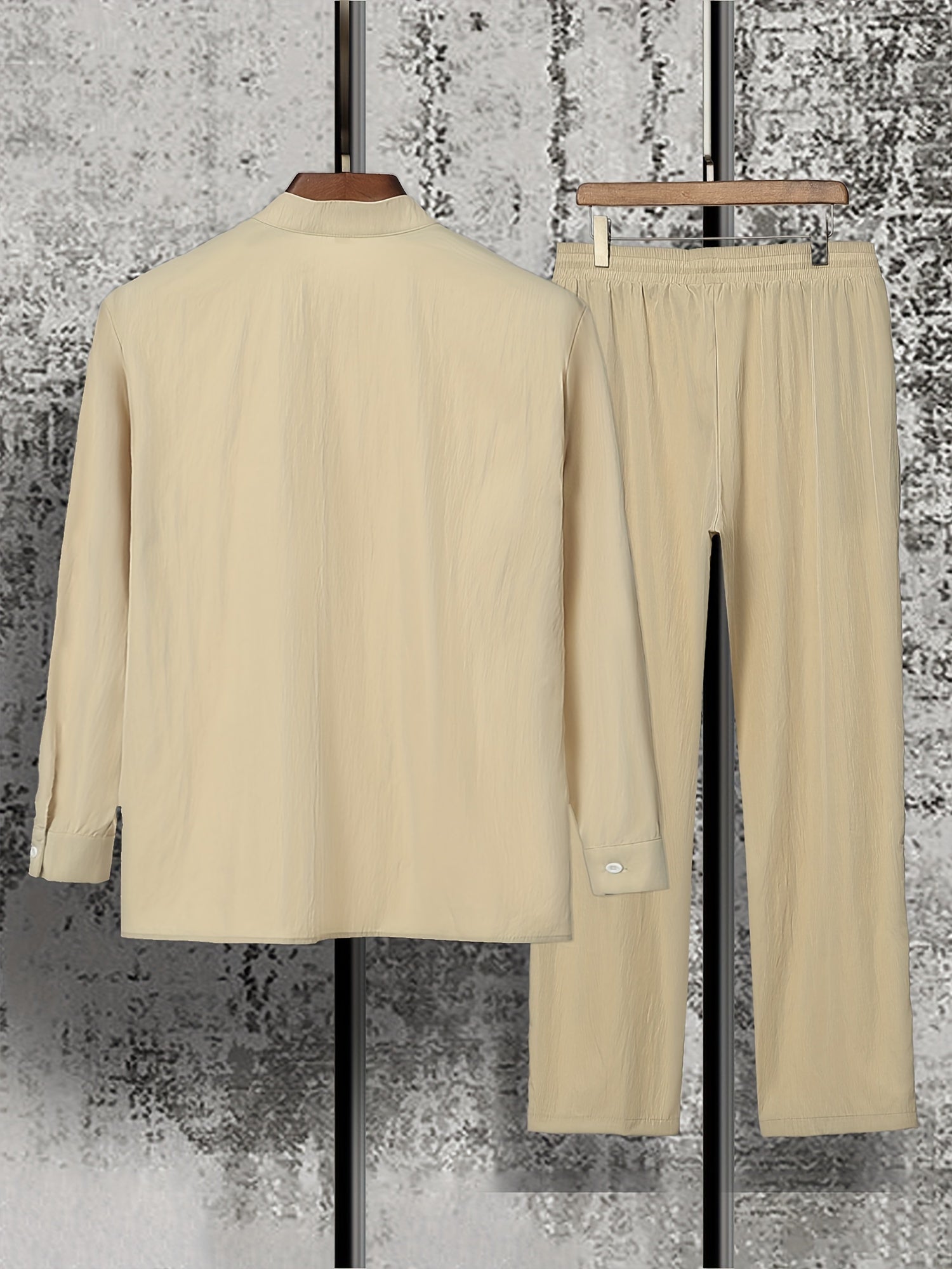 Men's Casual Polyester Suit Set with Solid Color Long Sleeve Shirt and Pants Plus Size