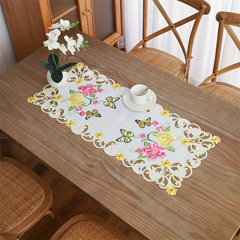 Polyester Table Runner with Hand-Cut Embroidered Flowers and Butterflies White Floral Decor