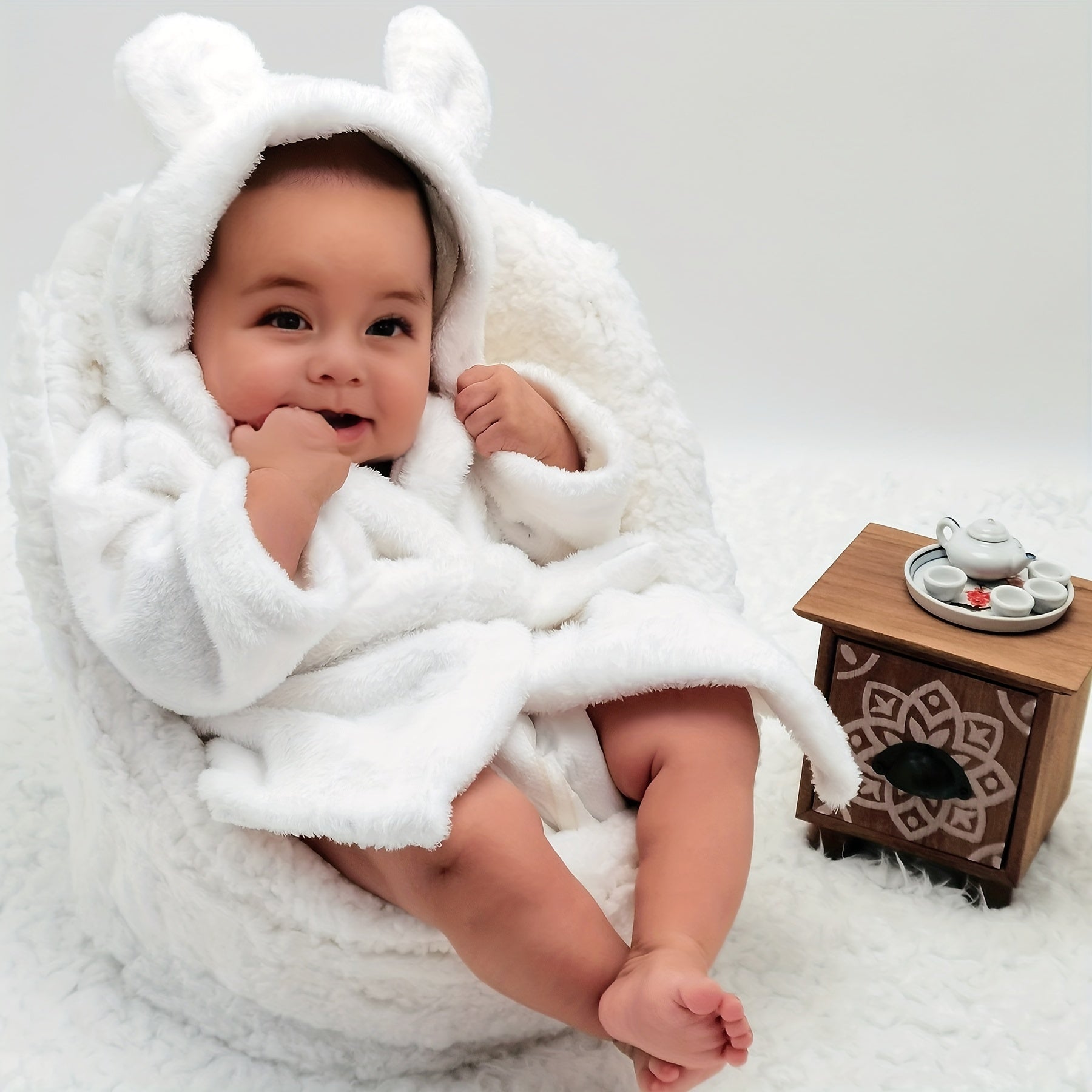 Baby Boy or Girl White Cotton Bathrobe with Matching Nightgown and Plush Towel for Newborn Photos