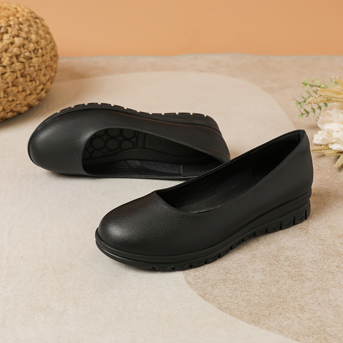 Women's Black Office Flats Non-Slip Round Toe Microfiber Shoes