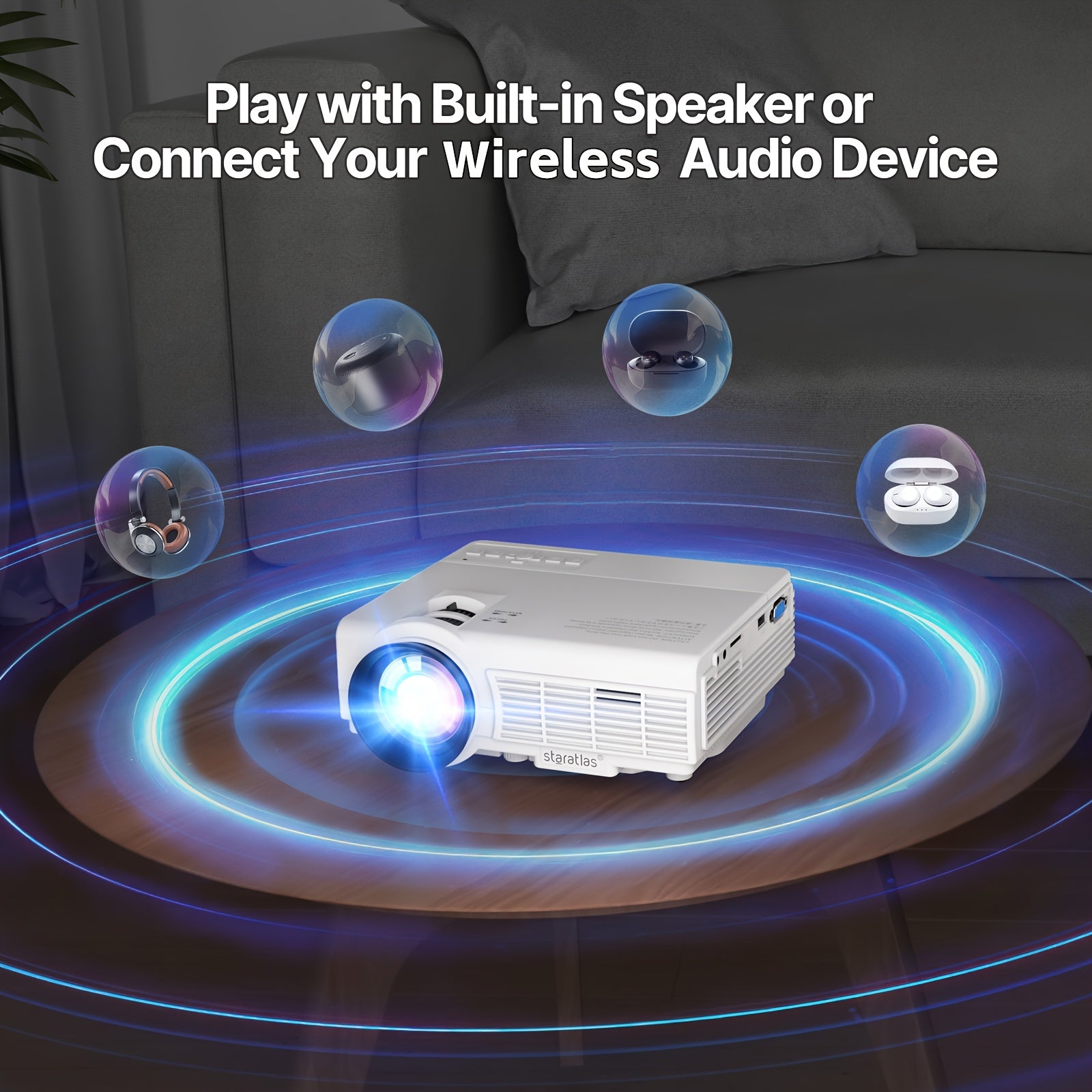 Мини HD-проектор с встроенным динамиком, беспроводной, для использования внутри и снаружи