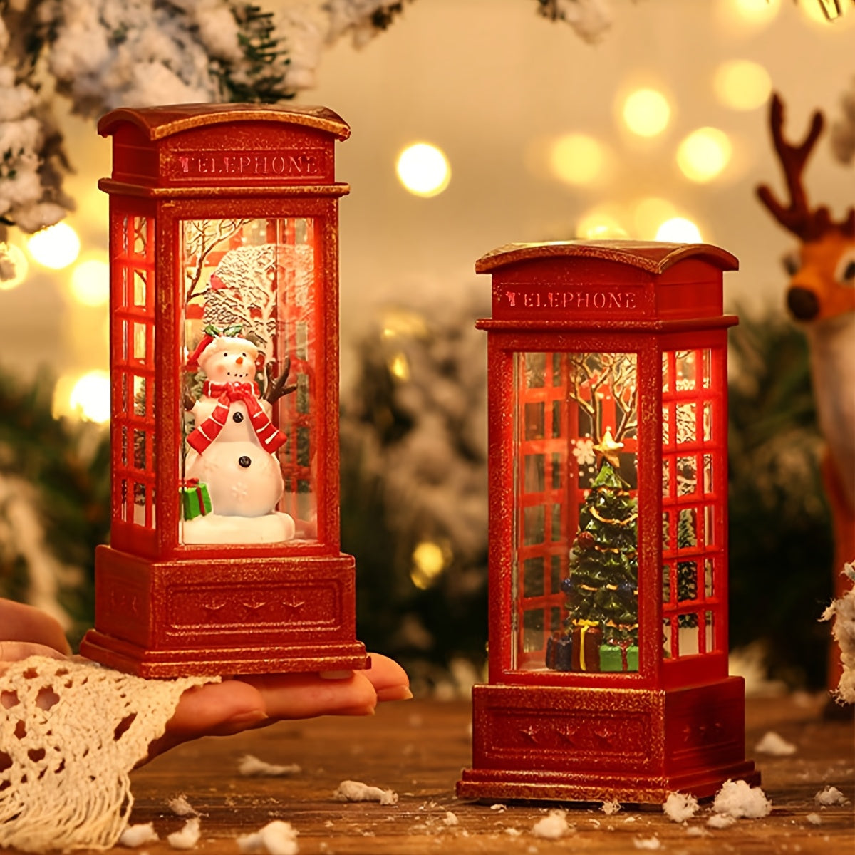 Festive Christmas Phone Booth Decoration with Santa Snowman Tree Scenes Battery-Operated Illuminated Red Cabinet