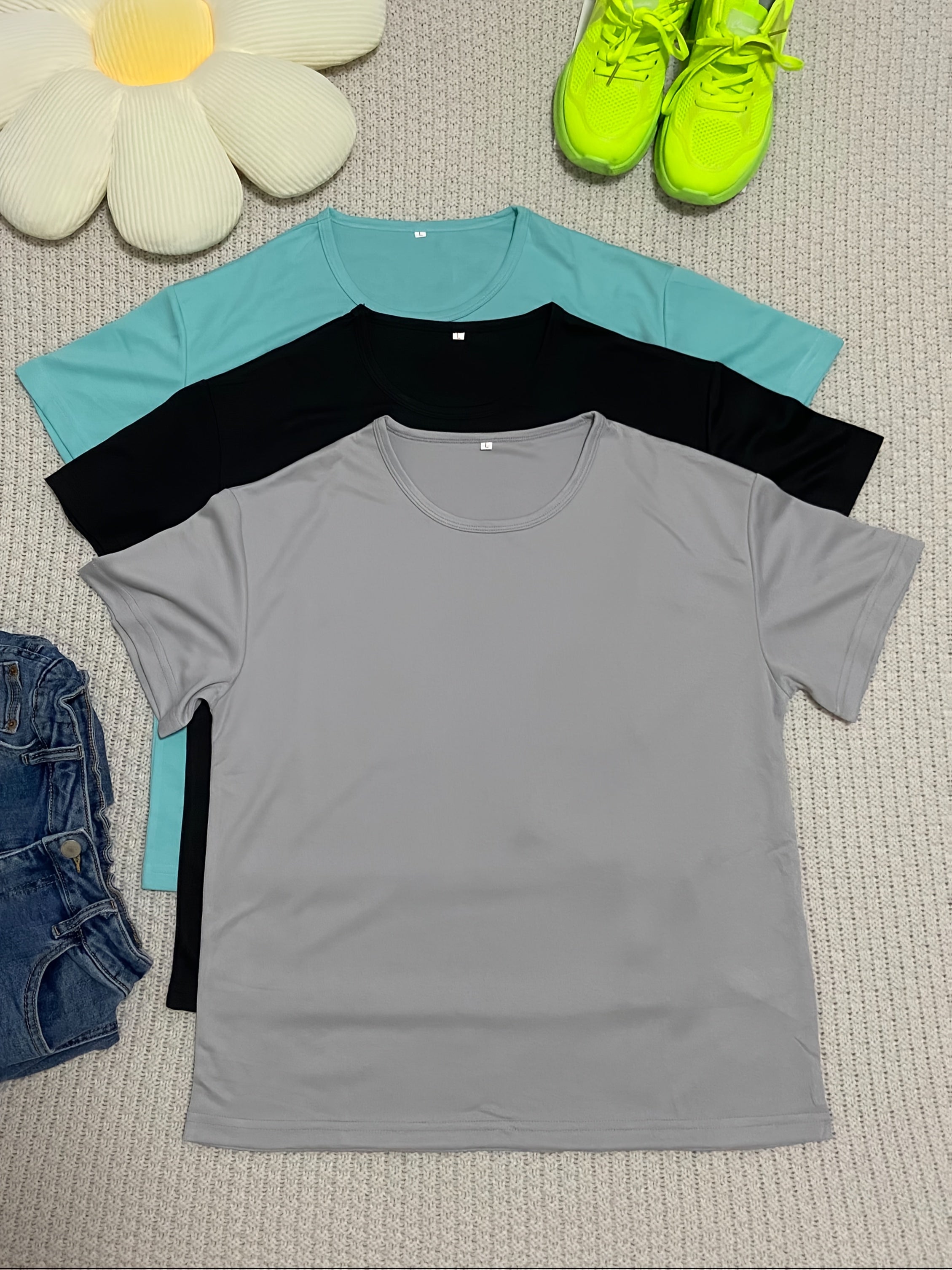 Women's Plus Size T-Shirts 3-Pack Black Gray Light Blue Casual Yoga Activewear