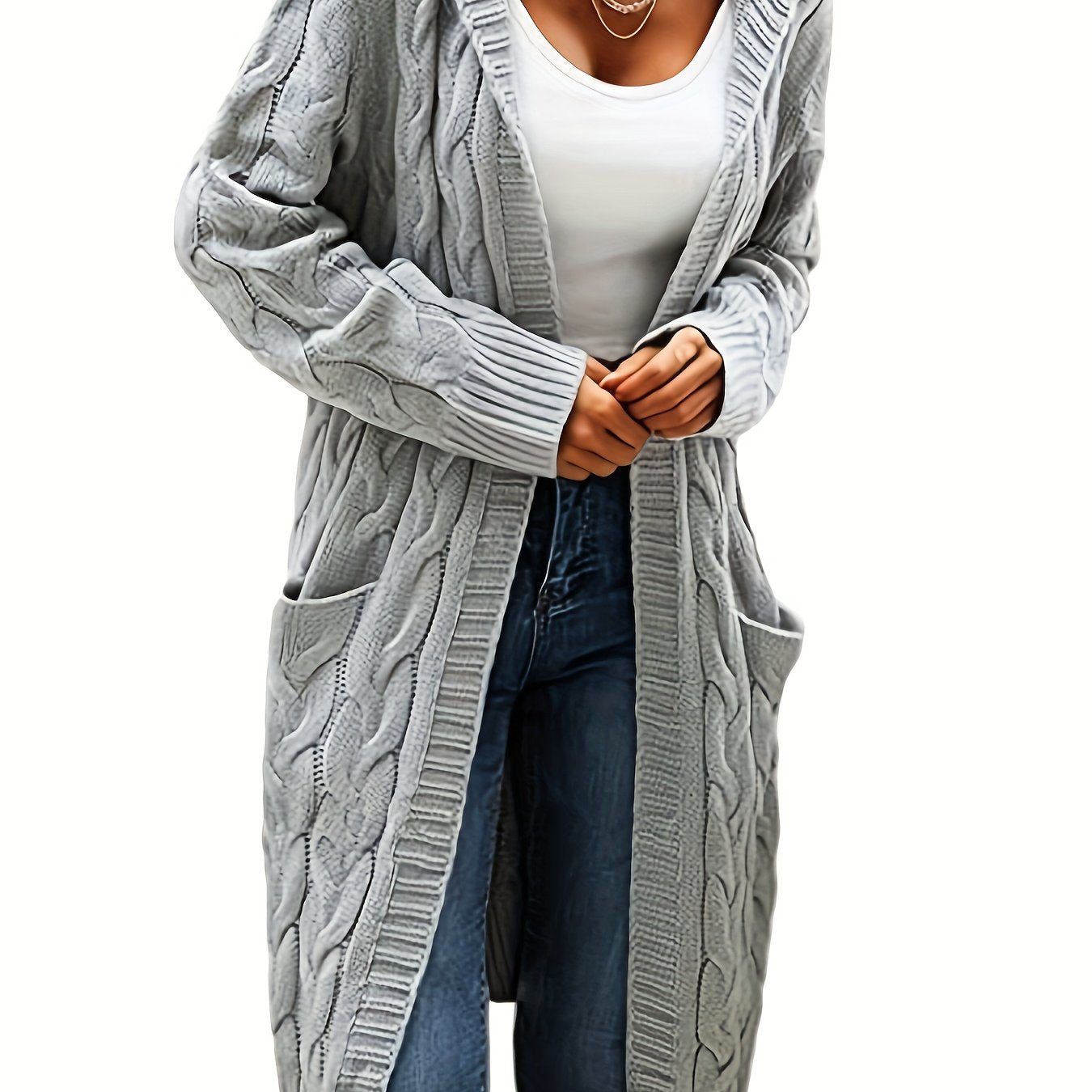 Women's Cable Knit Hooded Cardigan with Pockets Acrylic Fall Winter Layering