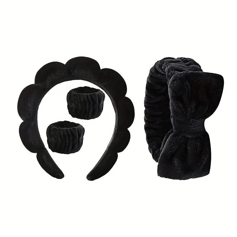 Set of 4 Women's Skincare and Hair Accessories Including Bow Headband Spa Head Hoop and Wristbands