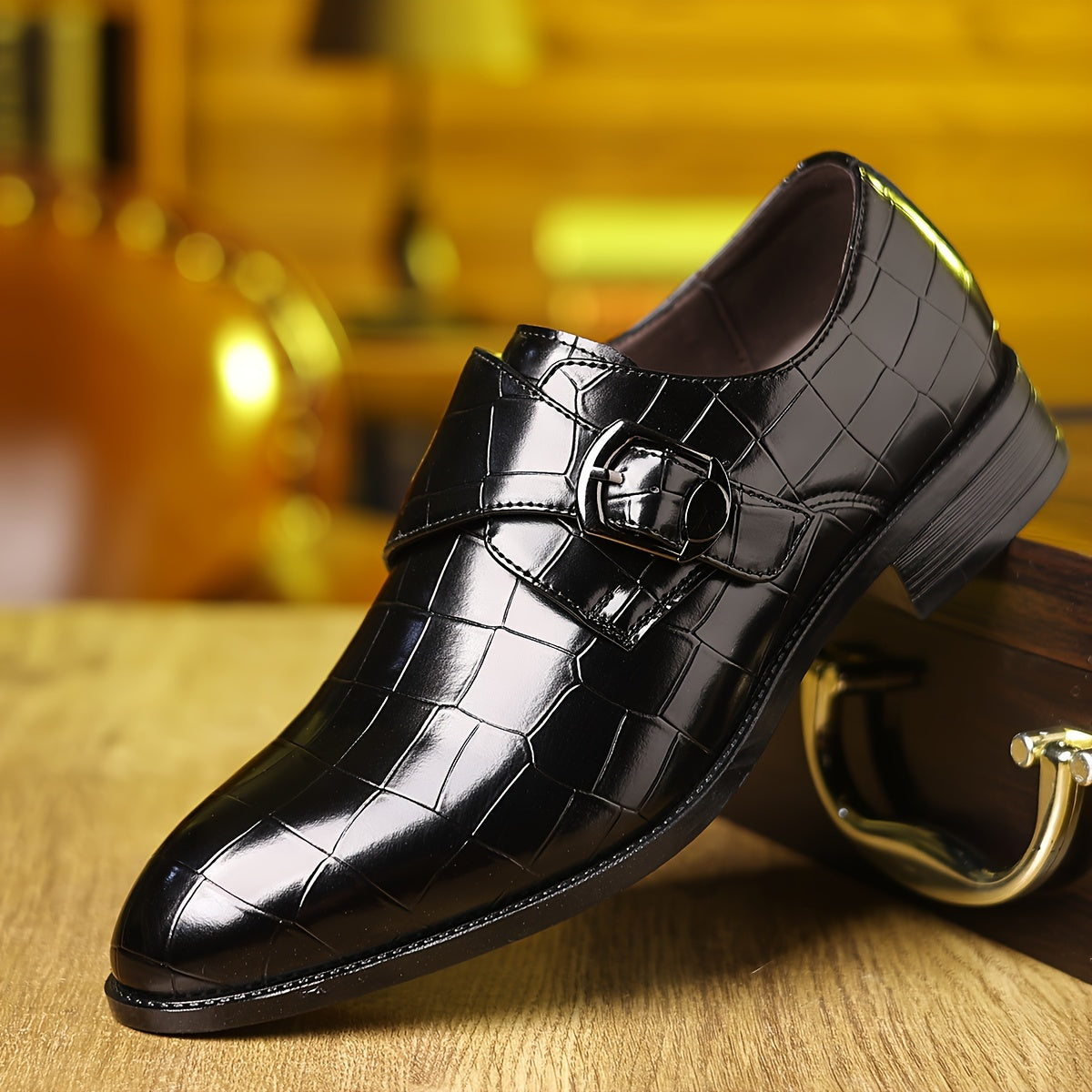 Men's Gray Crocodile Pattern Faux Loafers with Pointed Toe and Buckle, All-Season Casual Shoes