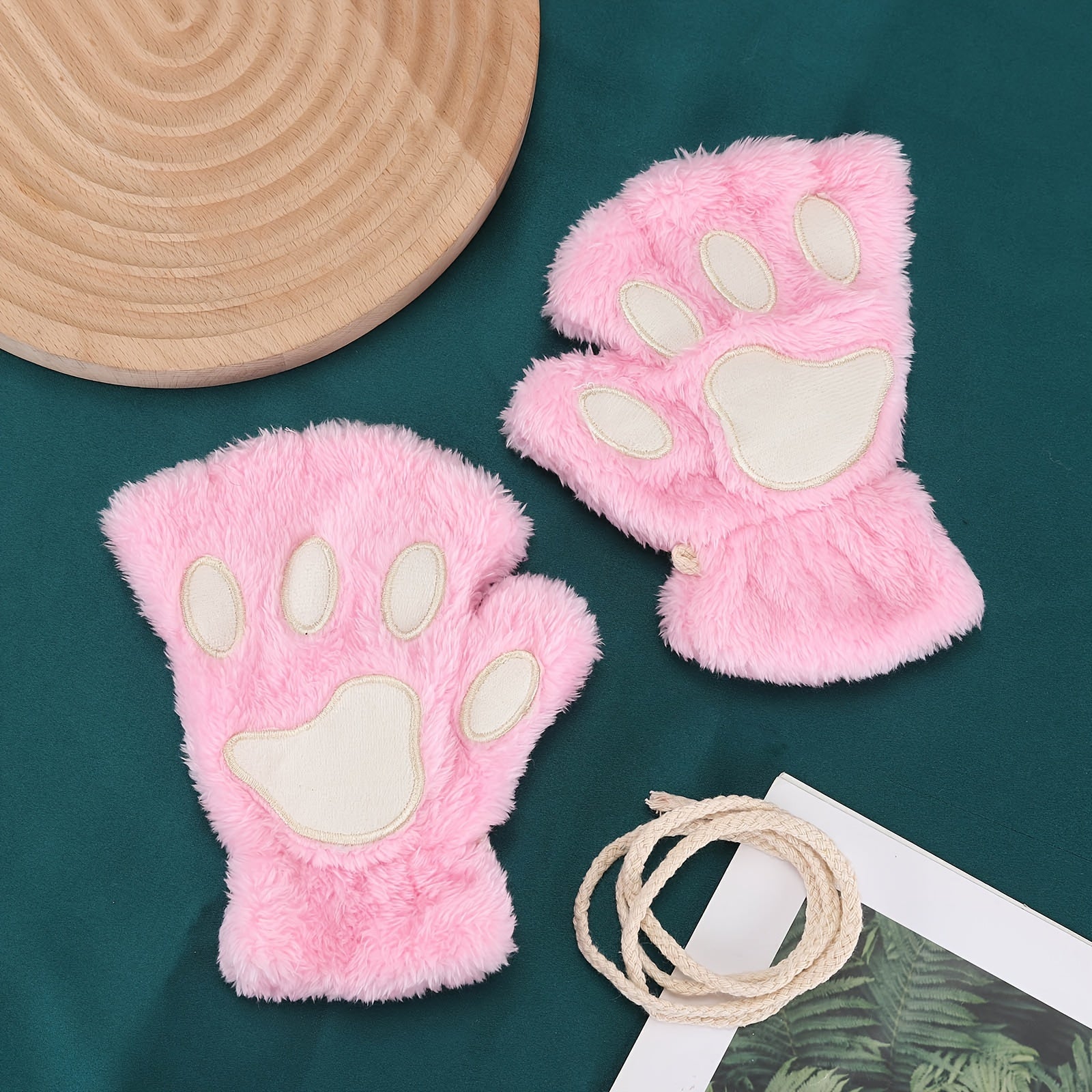 Kawaii Cat Paw Plush Gloves for Women Warm Fleece Half Finger Winter Autumn
