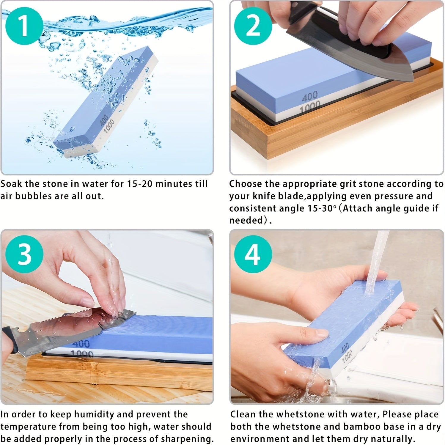 Knife Sharpening Kit 8 Pieces Whetstone Bamboo Holder Angle Guide Strop