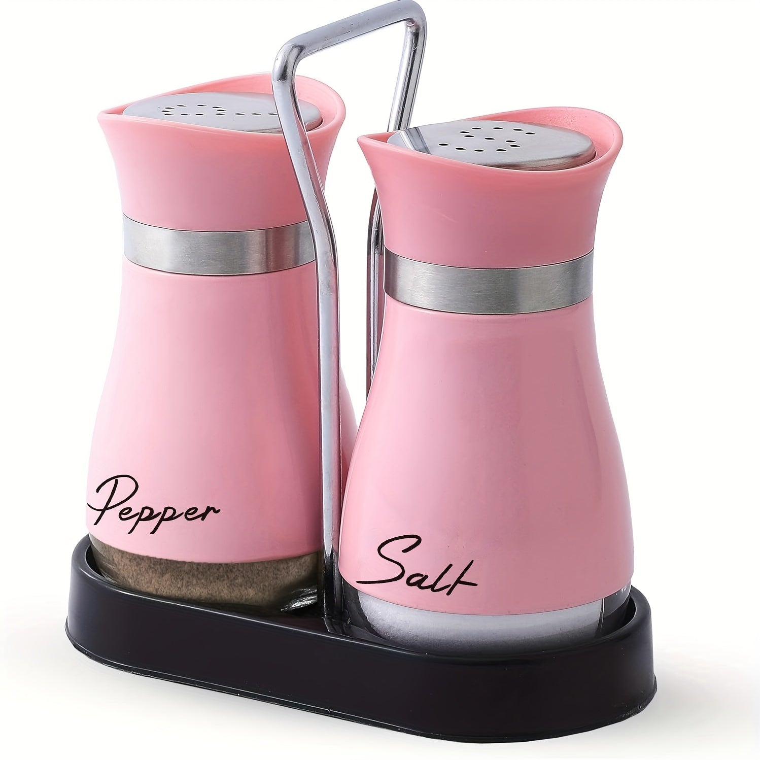Set of 2 Glass Salt and Pepper Shakers with Holder, 4 oz Refillable Stainless Steel Lids