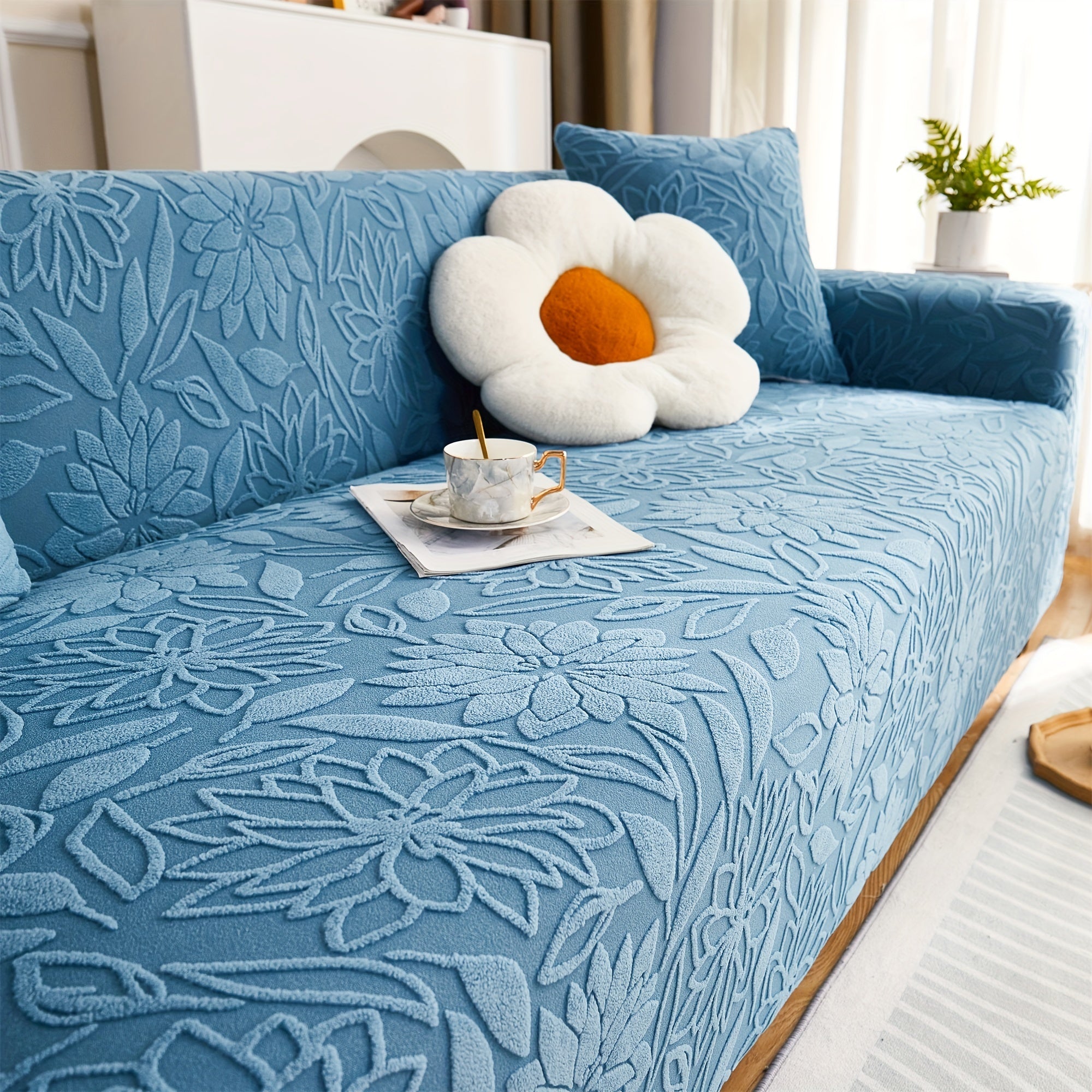 Camellia Jacquard Sofa Cover with Elastic Band and Matching Pillowcase Fits All Sizes Machine Washable