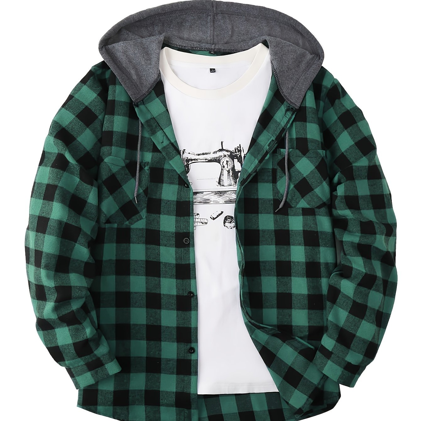 Men's Plaid Pattern Hoodie Jacket with Pockets Long Sleeve Casual Outdoor