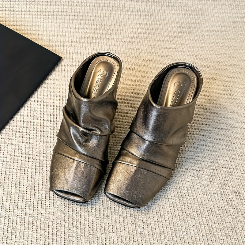 Women's Square Toe Mule Shoes Synthetic Slip-On Loafers Chunky Heel Brown