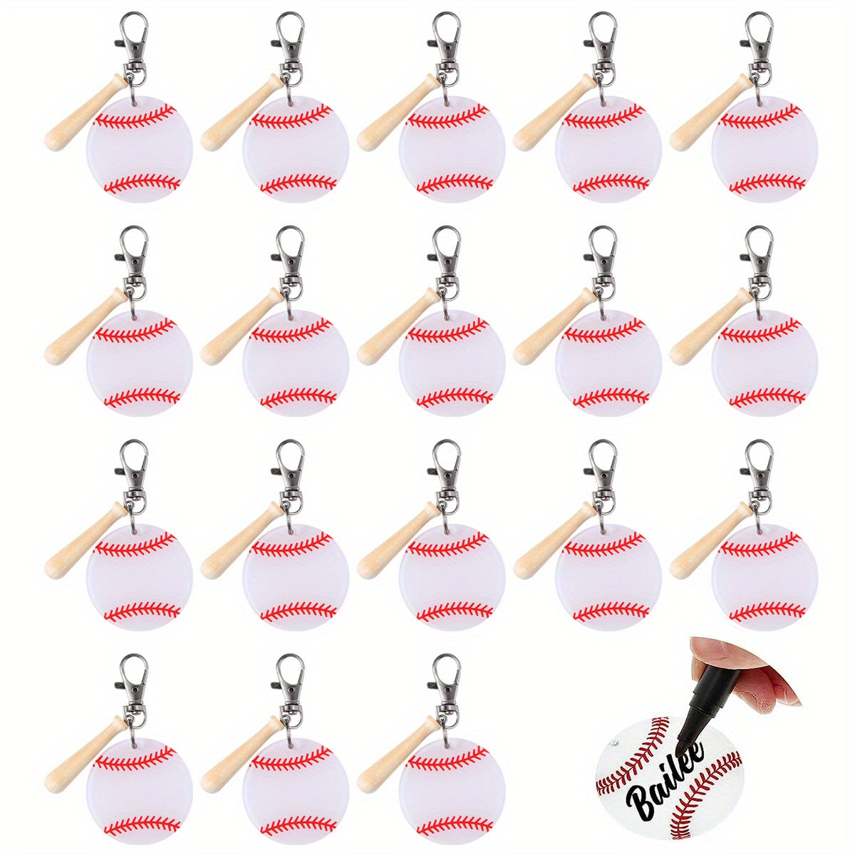 Juego de 18 llaveros de acrílico de béisbol y softbol con bate de madera en miniatura para favores deportivos