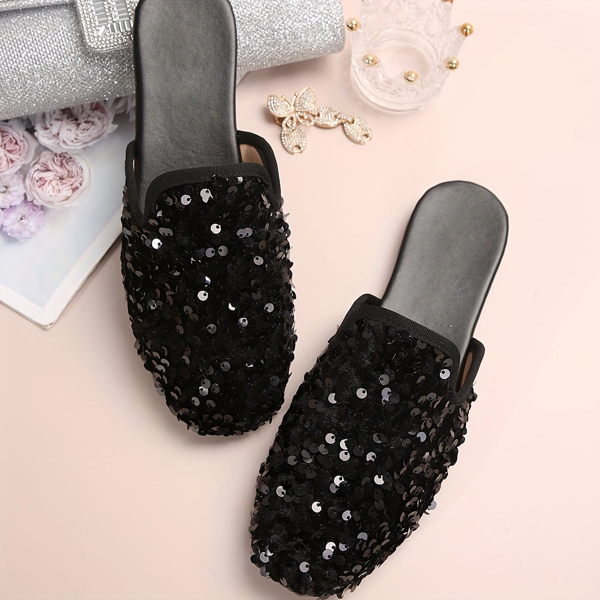 Women's Sequin Flat Shoes with Round Toe Slip-On Lightweight Fabric