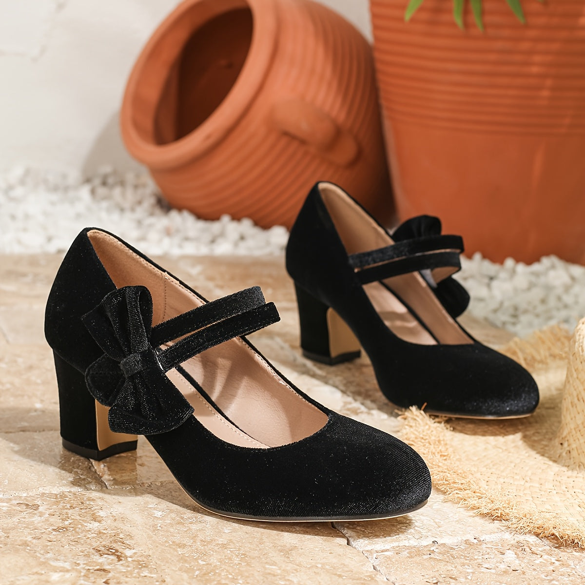 Women's Velvet Bow Mary Jane Pumps with Chunky Heel for Weddings