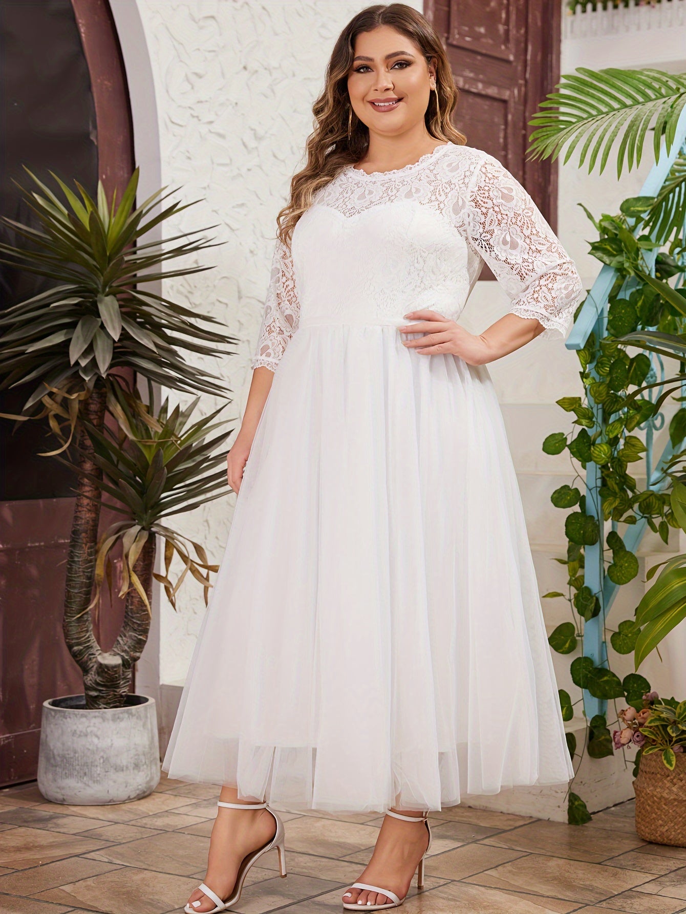 Plus Size Wedding Dress with Lace Trim A-Line Gown Long Sleeve Tulle Overlay