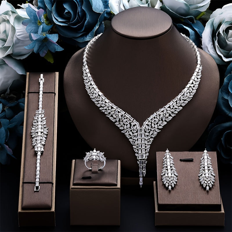 Bridal Jewelry Set 4-Piece White Gold-Plated Copper Cubic Zirconia Wedding Accessories