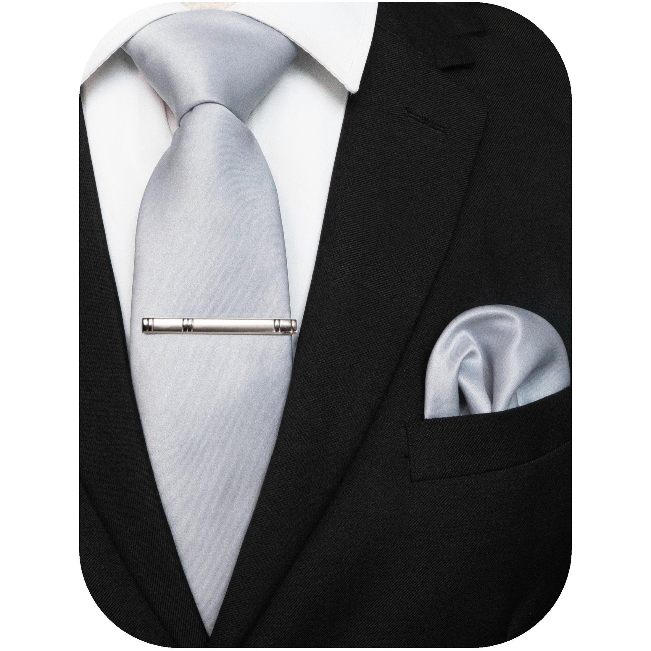 Men's Solid Color Tie and Pocket Square Set with Tie Clip for Business and Wedding