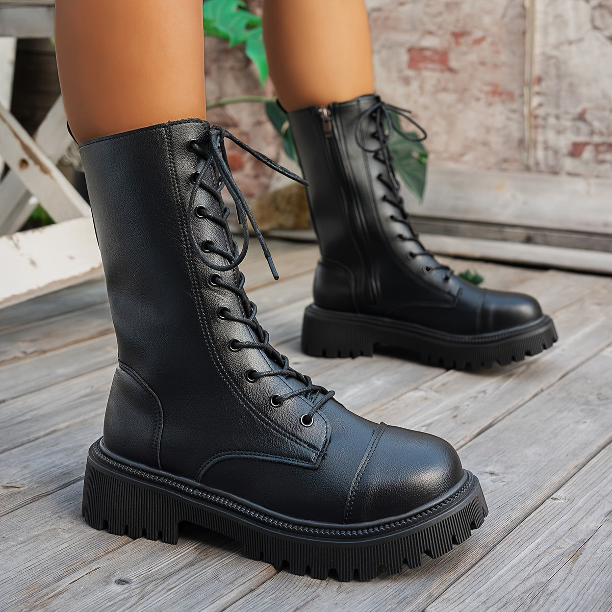 Women Chunky Platform Boots Leather Mid-Calf Non-Slip Sole All-Season