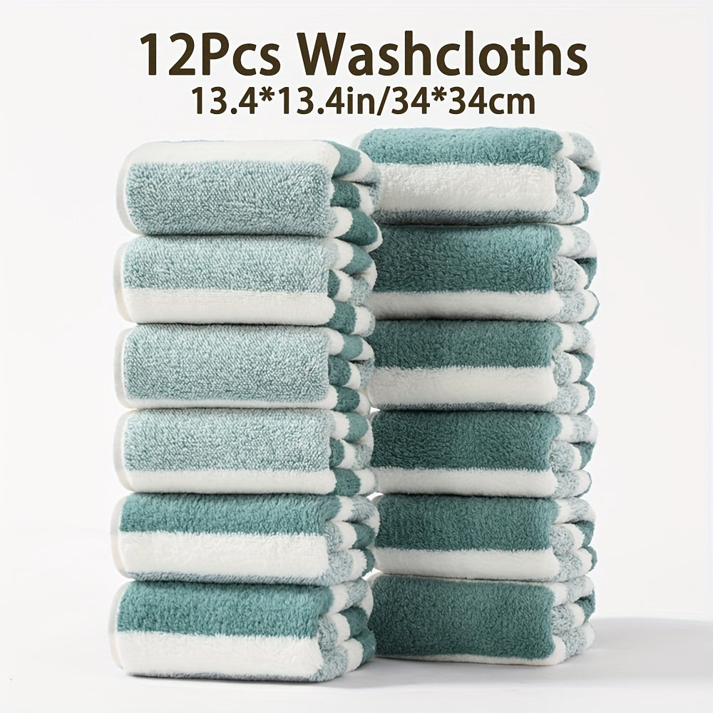 12-Piece Soft Absorbent Striped Coral Fleece Washcloths for Travel and Gym