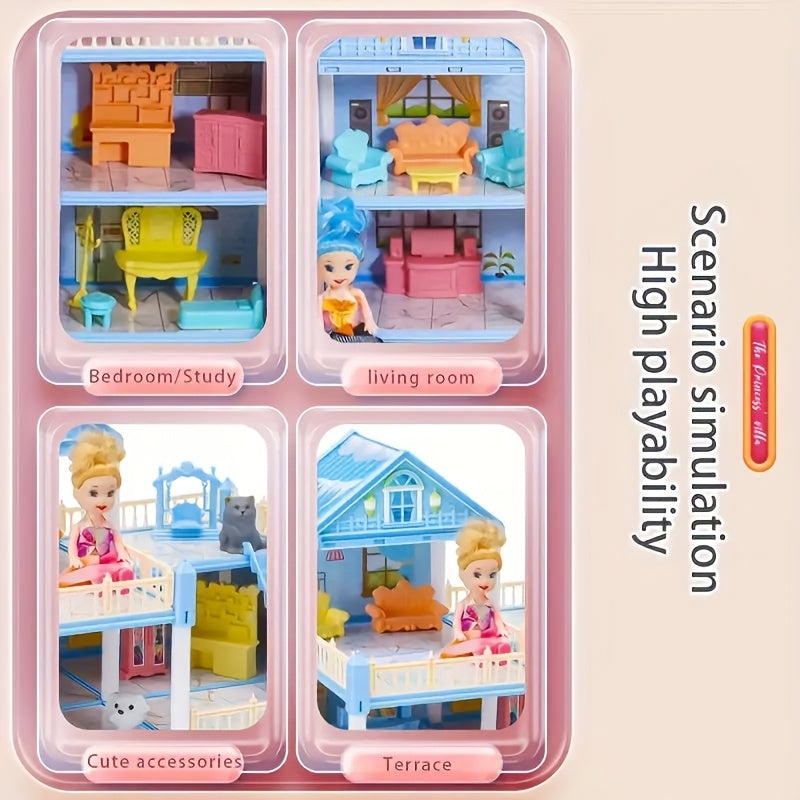 Luxury 4-Story Dollhouse Set with 4 Dolls and Accessories for Children Ages 3+ Pink or Blue