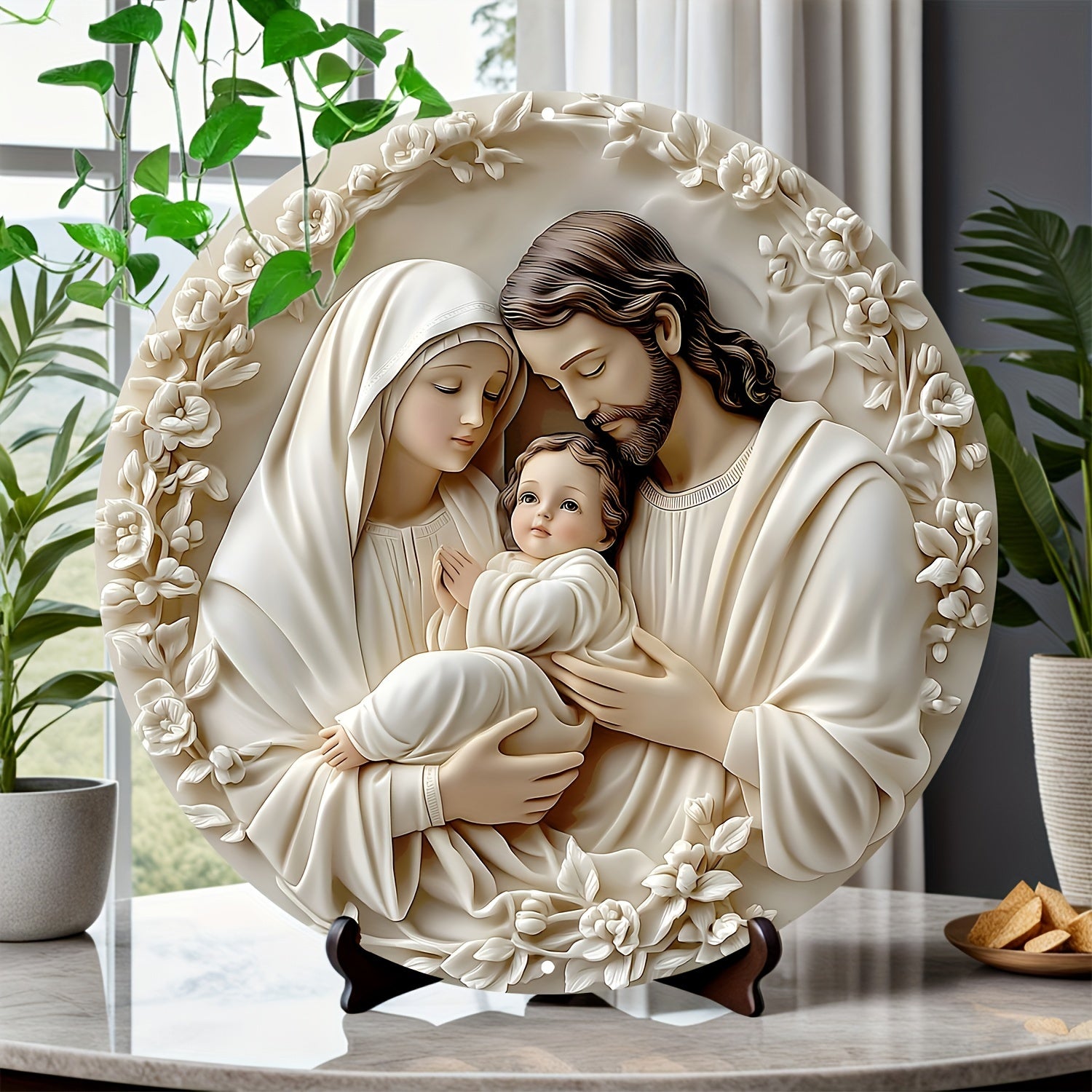 Religious Aluminum Wall Hanging Sign Sacred Family Metal Art Weather Resistant Textured Decor