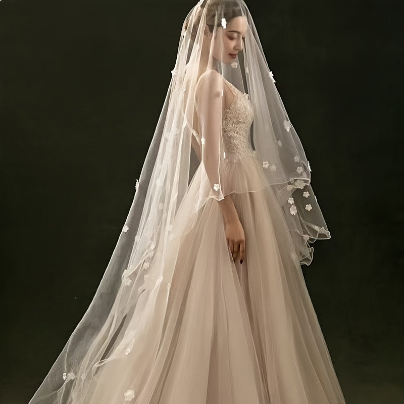 Elegant Bridal Veil with Heart-Shaped Flower Accents Long Tulle Wedding Veil with Yarn Fringe and Starry Sky Design
