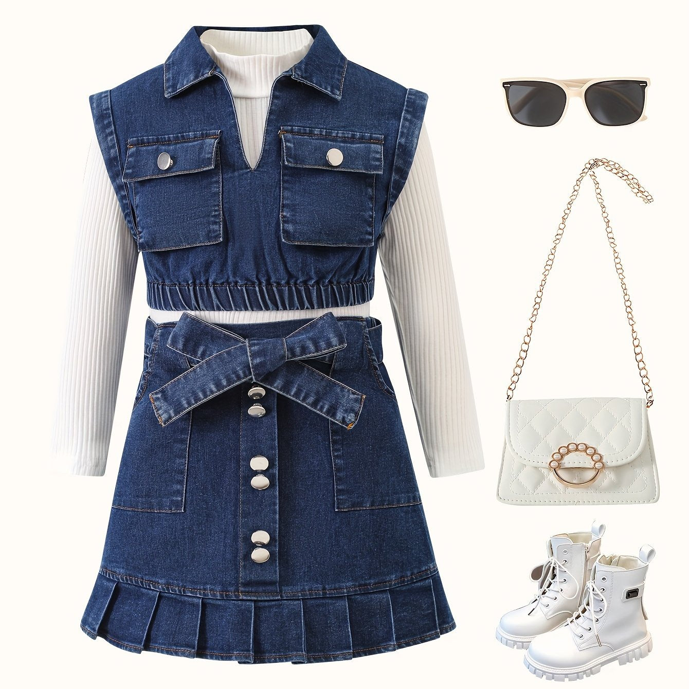 Girls' Casual Outfit Set with High Neck Long Sleeve Top Denim Vest and Pleated Knee-Length Skirt