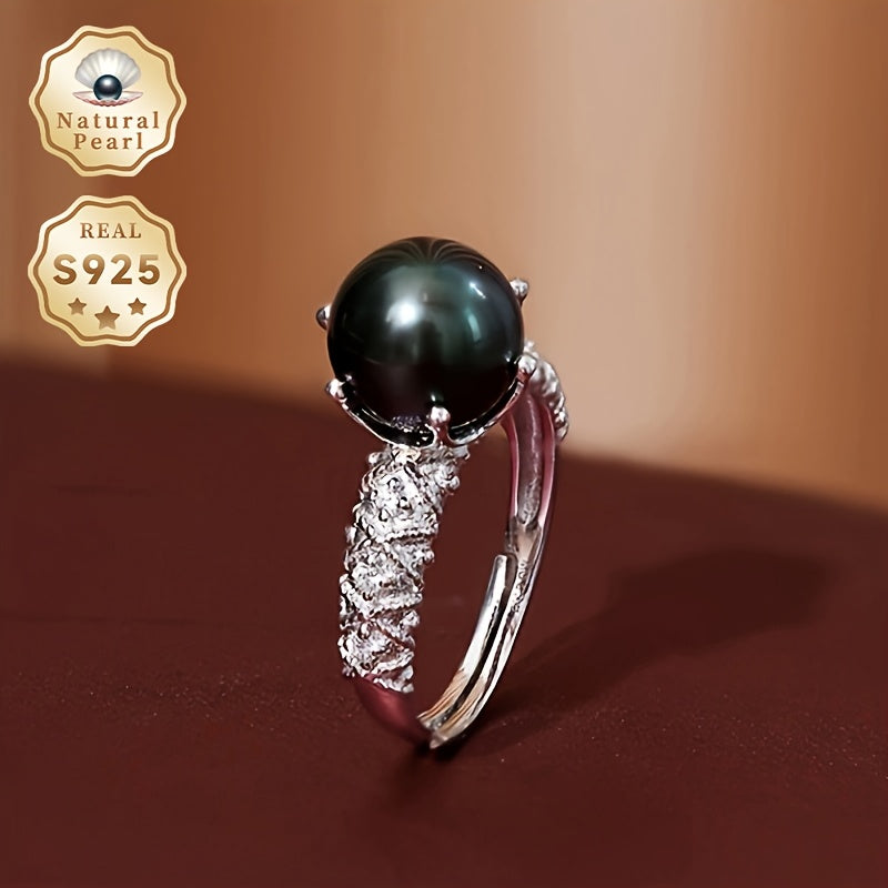 Vintage-Inspired Open Silver Ring with Black Pearl 8-9mm for Weddings and Birthdays