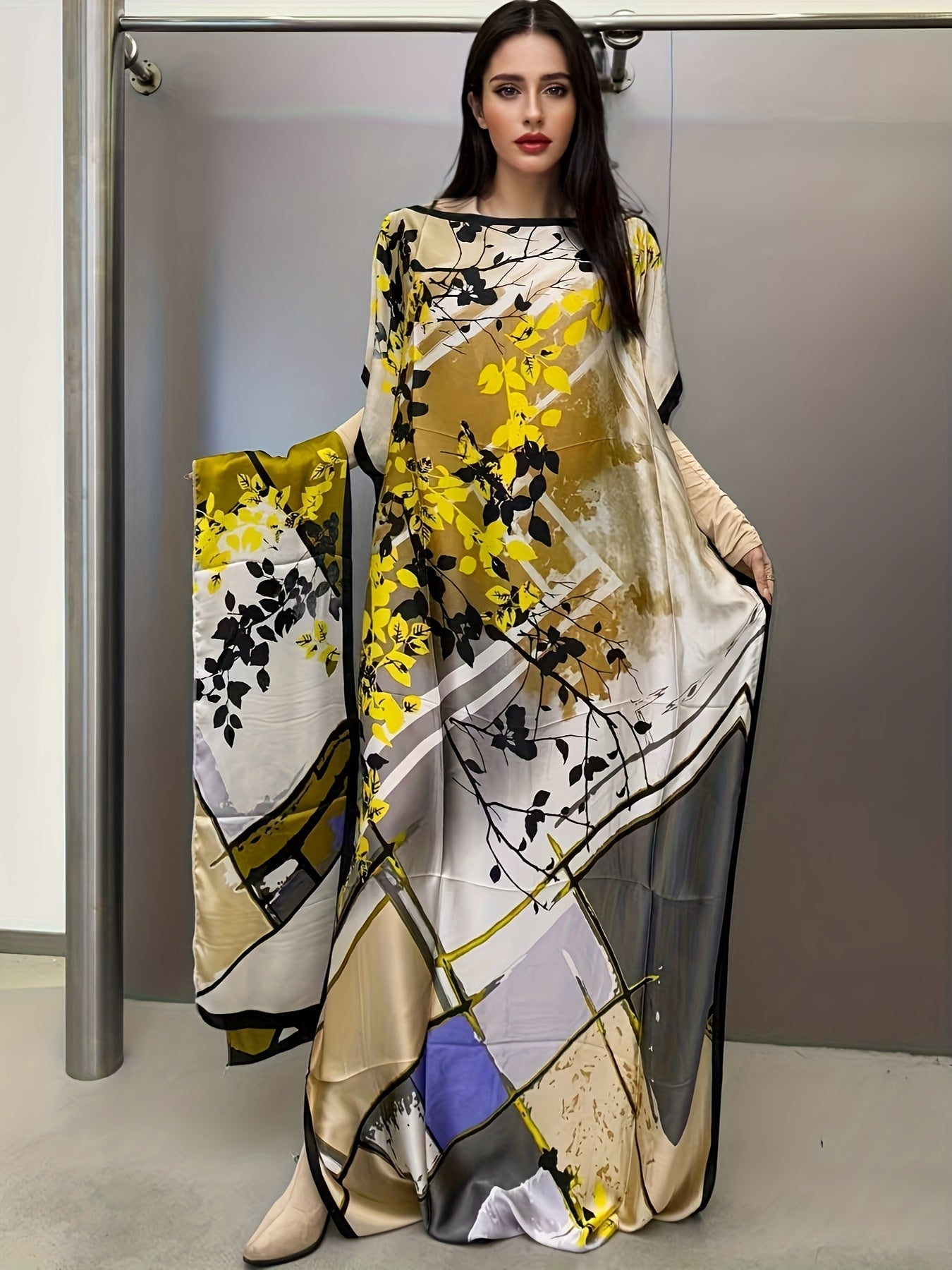 Women's Floral Maxi Dress Batwing Sleeves Boat Neck Loose Fit Summer Beachwear