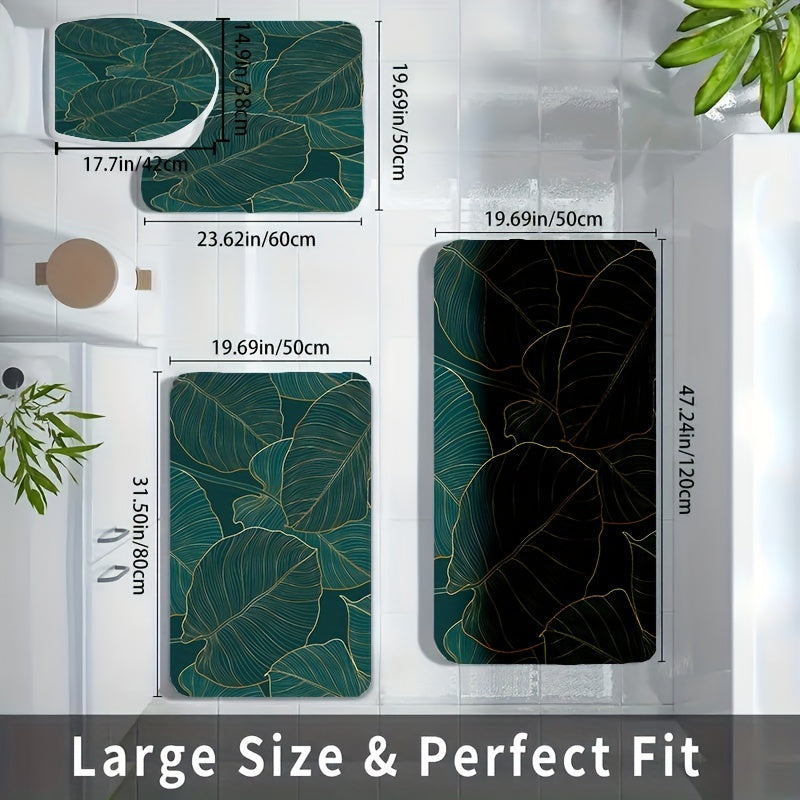Juego de 4 alfombrillas de baño de terciopelo antideslizantes con patrones de hoja, flor, ola y madera, incluyendo alfombra y funda para inodoro