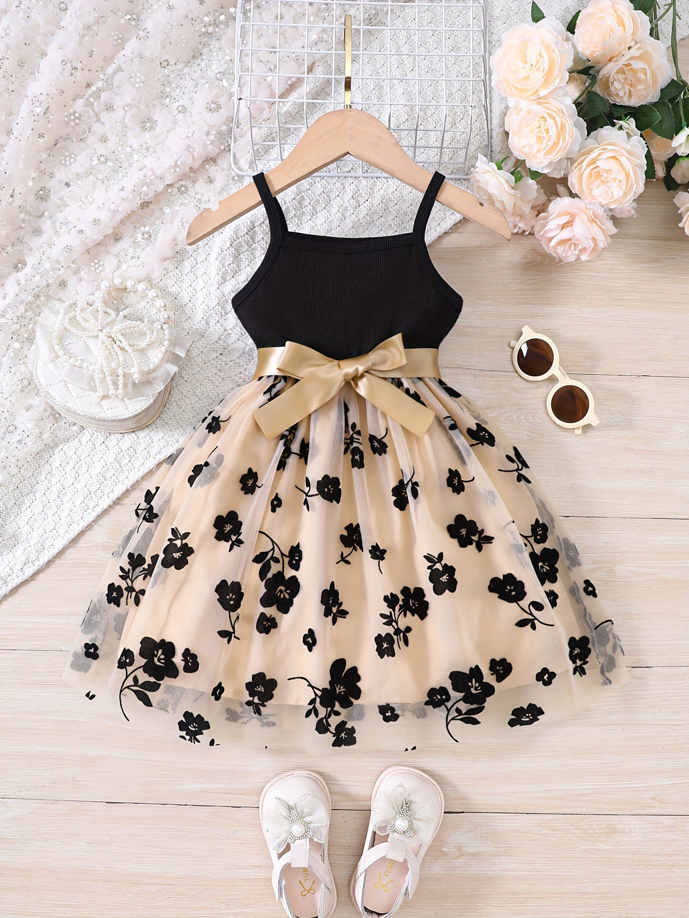 Girls Summer Splicing Flower Graphic Cami Tutu Dress for Kids