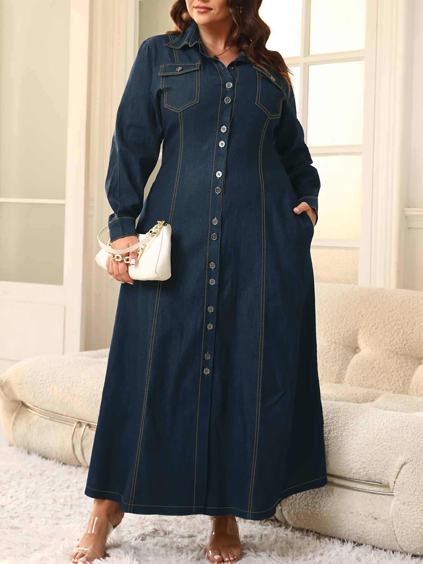 Elegant Fitted Rayon Dress with Lapel Collar for Fall Winter