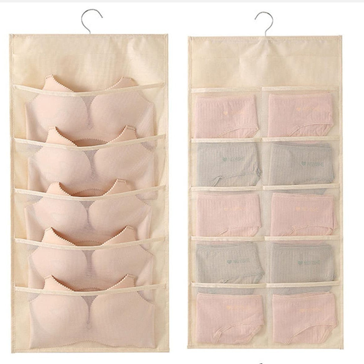 Organizador de armario de doble cara con bolsillos de malla y colgador giratorio para almacenamiento que ahorra espacio