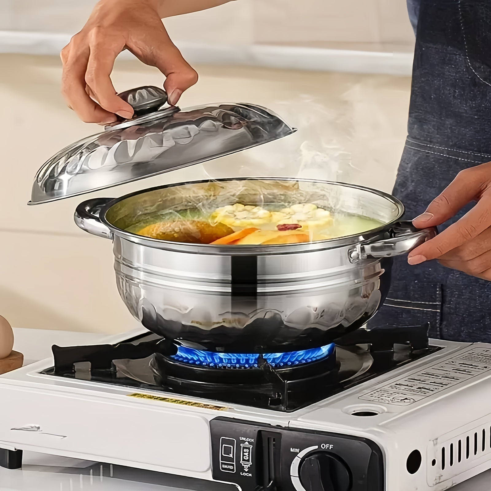 Set of 10 Stainless Steel Cookware Pots with Lids and Spoons for Soup Noodles Seafood