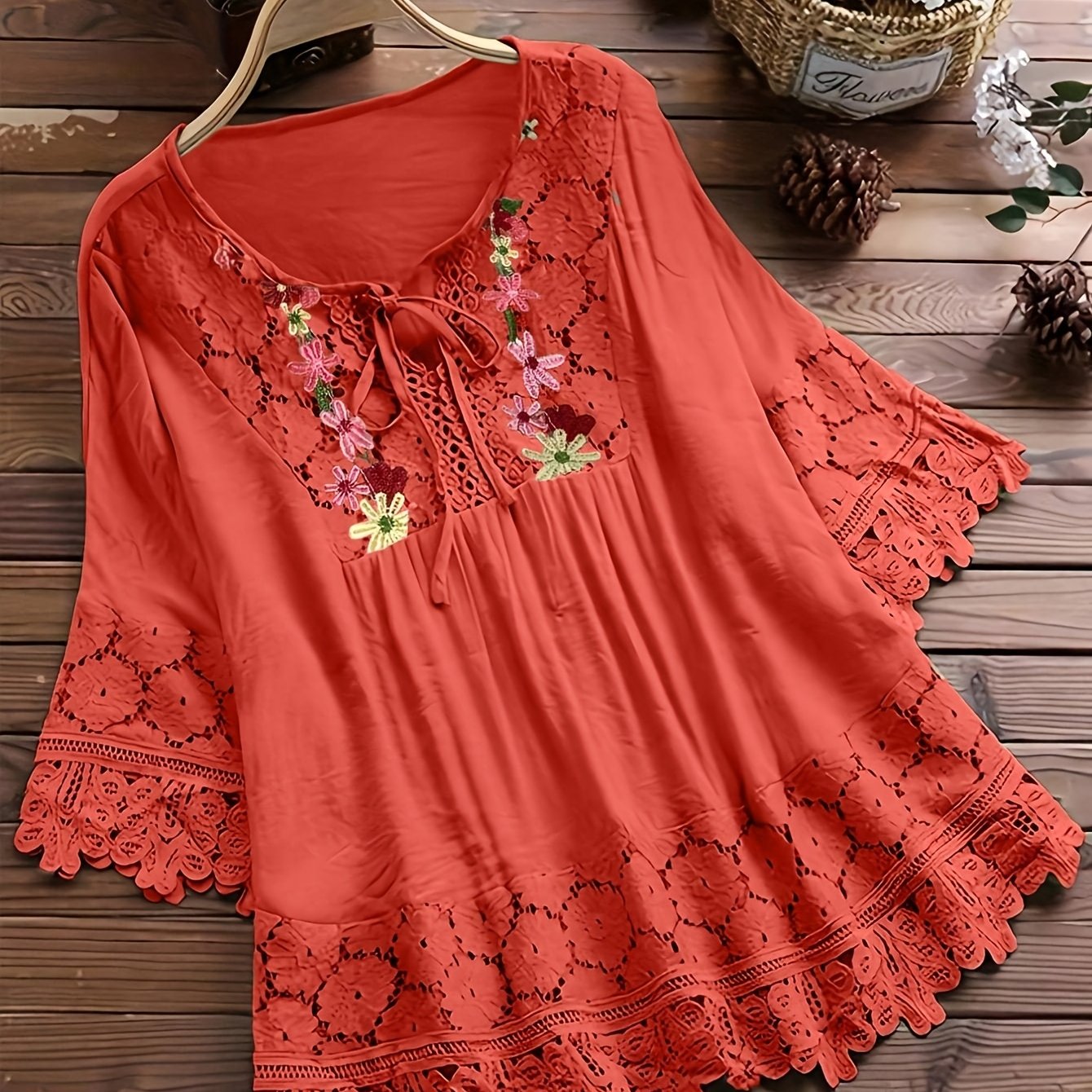 Women's Long Sleeve Shirt with Embroidered Lace Trim Crew Neck Cotton Blend Casual Spring Fall