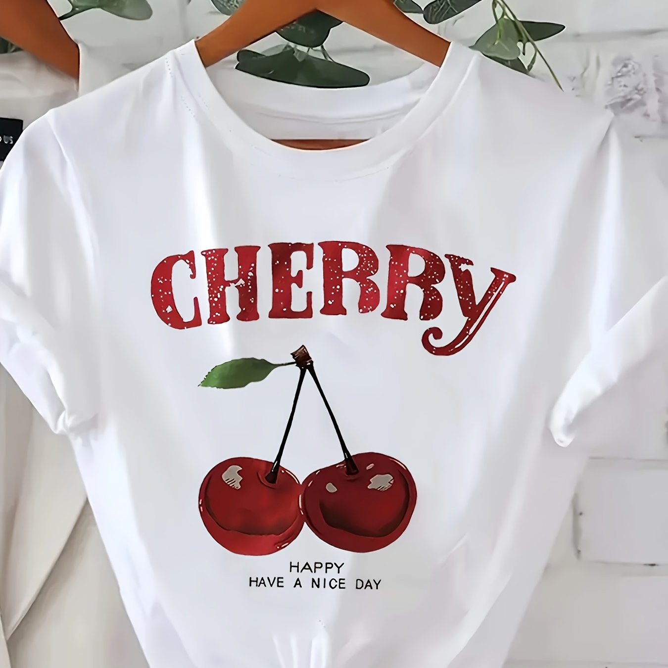 Plus Size Women's Cotton Short Sleeve T-Shirt with Cherry Print and Bold Red Lettering