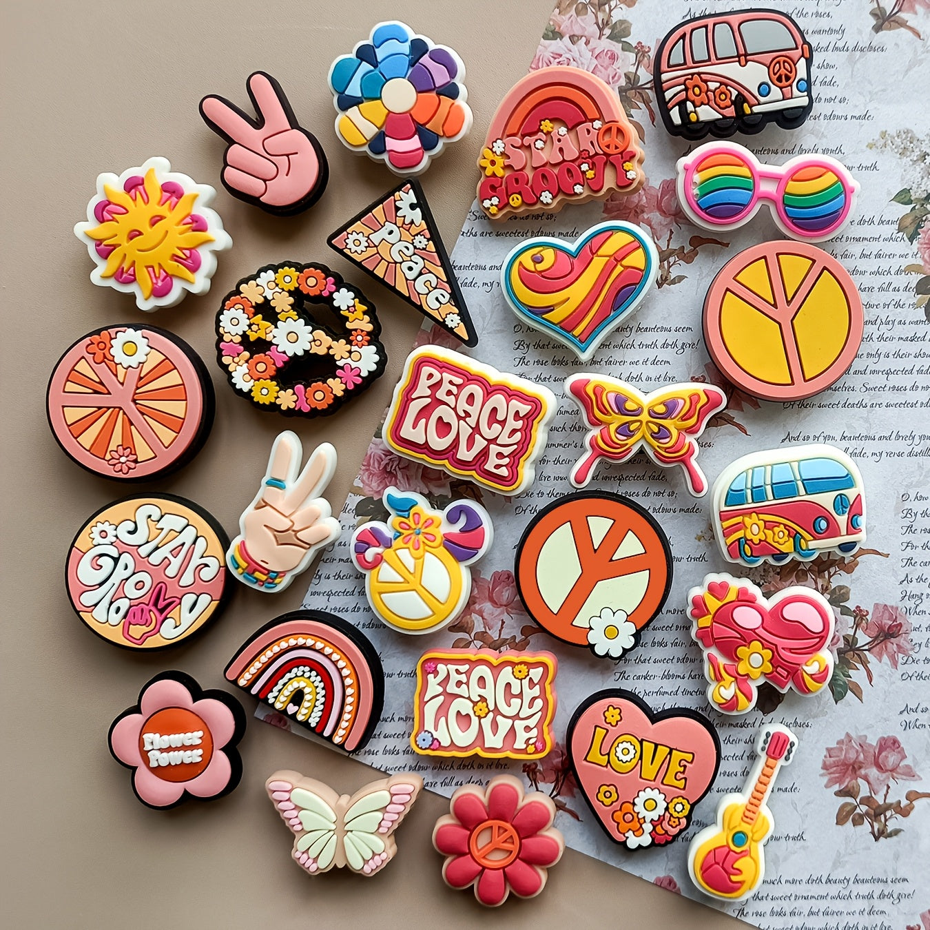 26pcs PVC Shoe Charms Set Hippie Peace Love Retro for Shoes and Bags