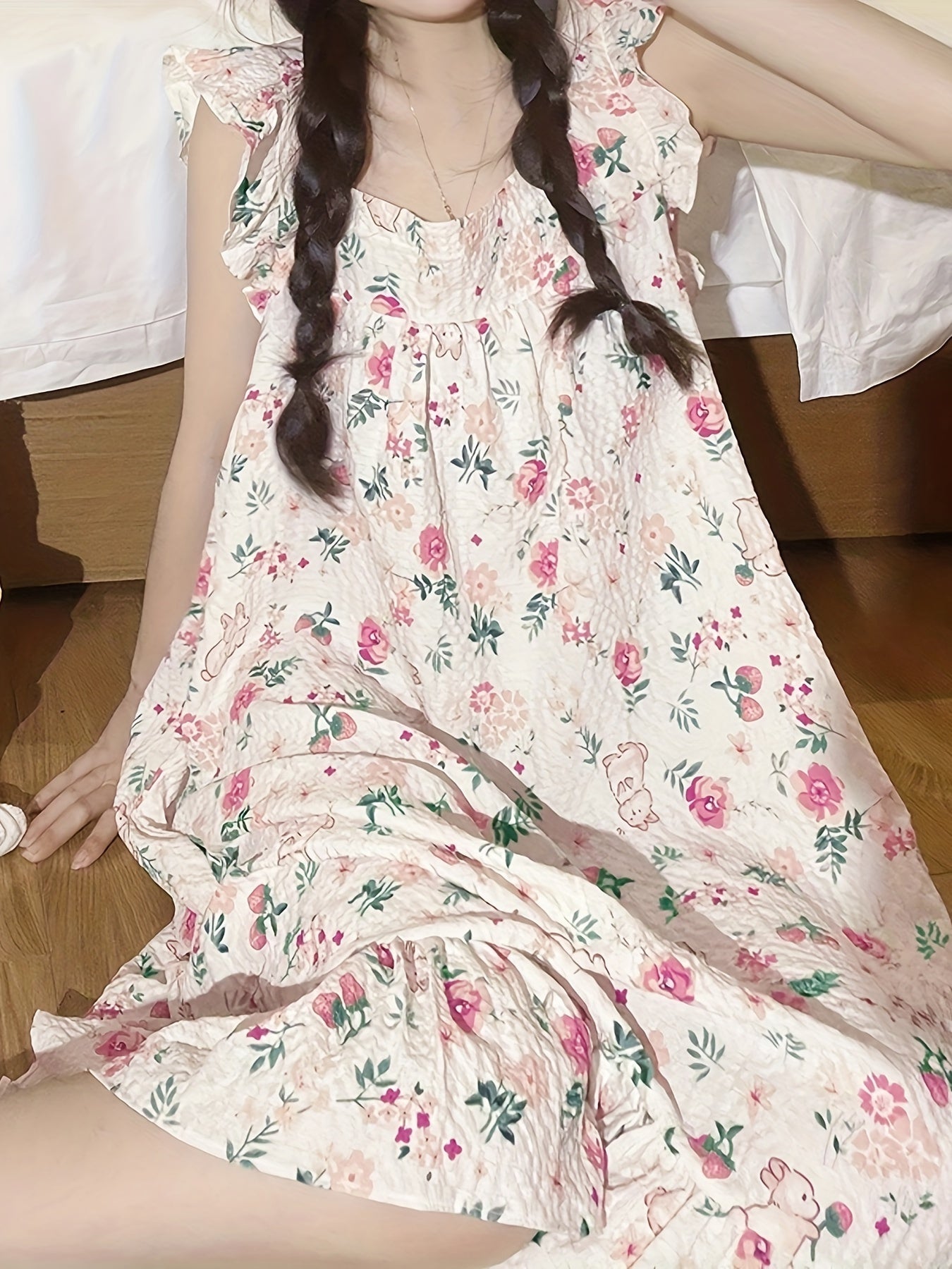 Camisón de mujer con estampado de conejito y flores, mangas con volantes, escote cuadrado, verano, poliéster