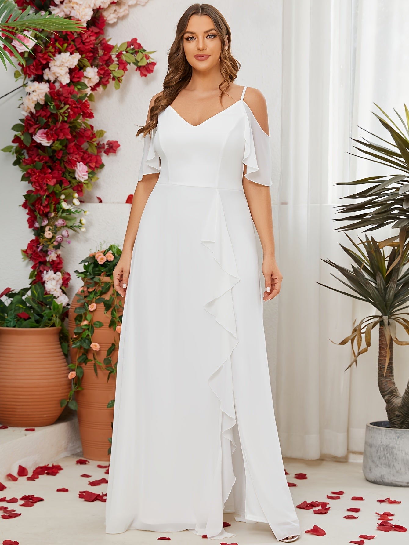 Plus Size Long Formal Wedding Dress Polyester V-Neck Floor-Length