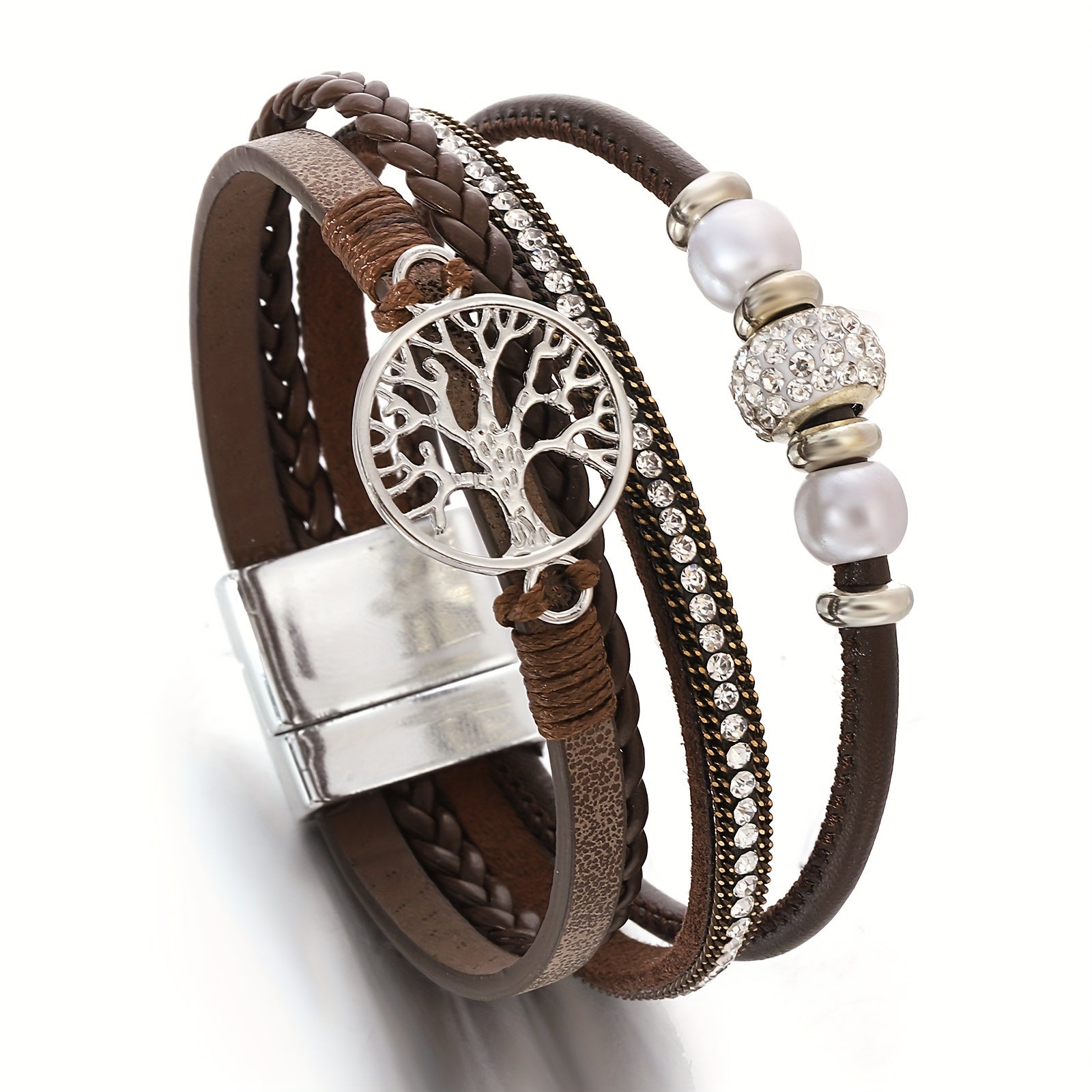 Multi-Layer Faux Leather Wristband with Tree of Life Charm and Rhinestones