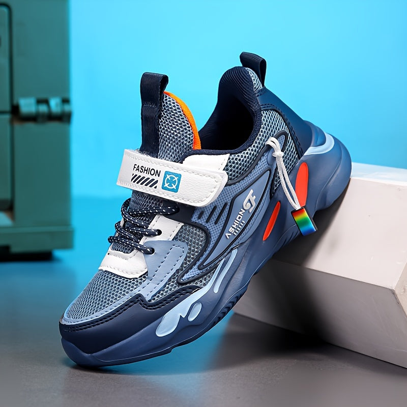 Boys' Breathable Running Sneakers with Geometric Pattern, Soft EVA Sole, Hook-and-Loop Closure