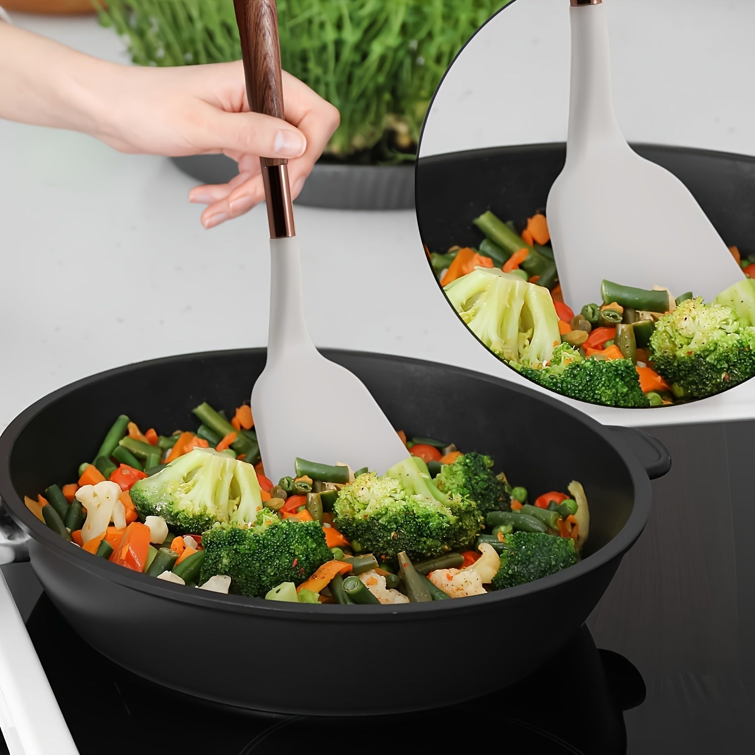 Silicone Kitchen Utensils Set Non-Stick Cookware Tools with Wooden Handles